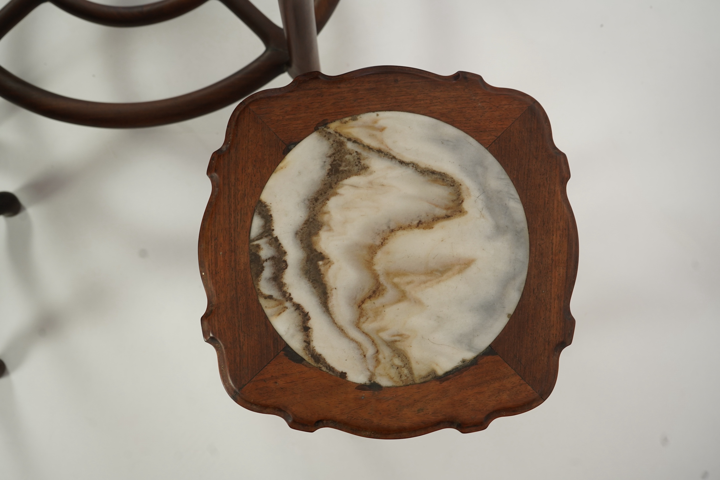 A Chinese dreamstone marble inset hongmu table and four matching stools
